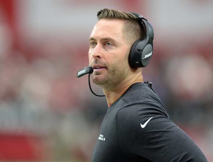 Oct 13, 2019; Glendale, AZ, USA; Arizona Cardinals head coach Kliff Kingsbury looks on against the Atlanta Falcons during the first half at State Farm Stadium.